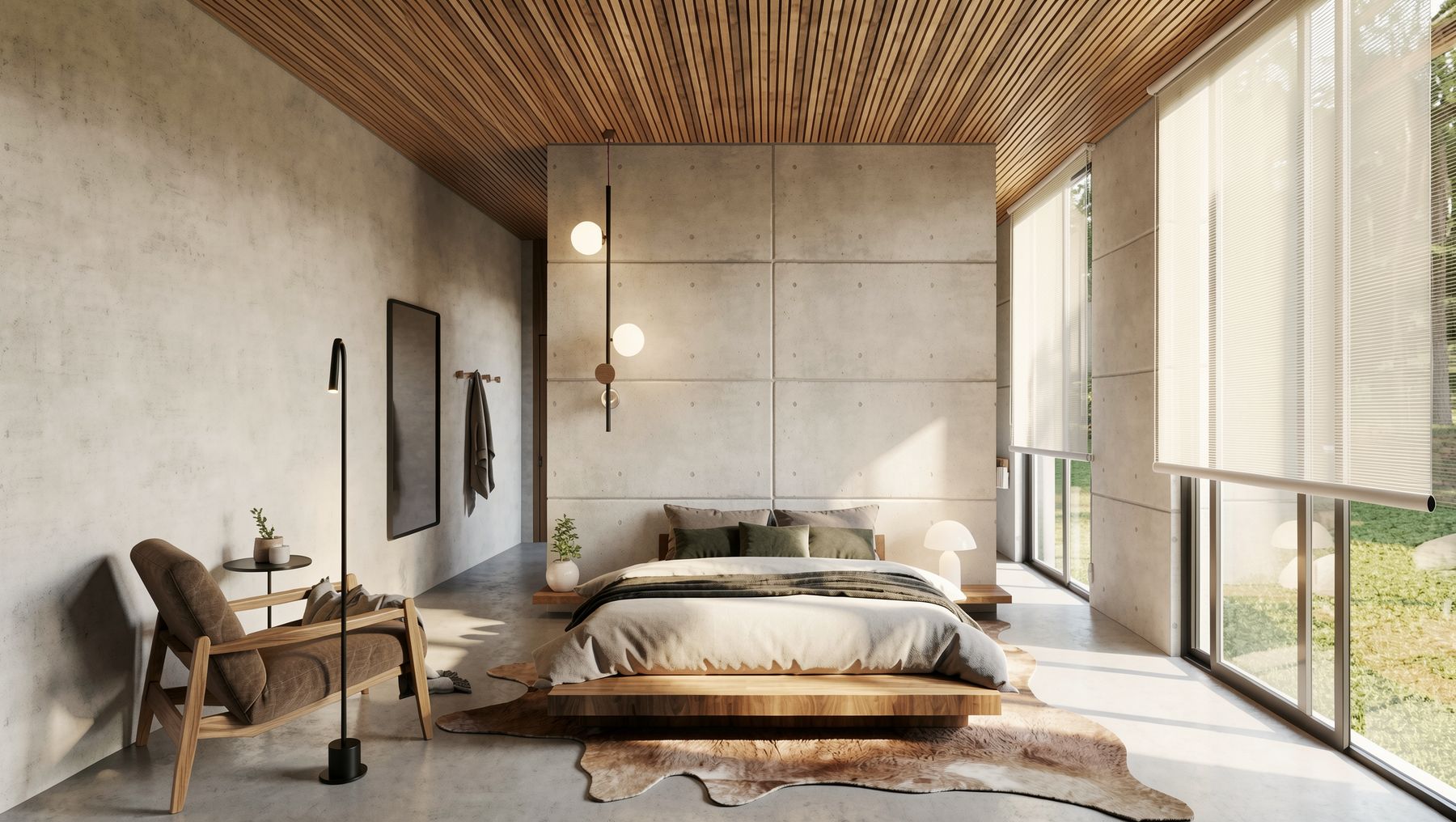 Quarto com painéis de concreto, forro de madeira e cortinas filtrando a luz do jardim.