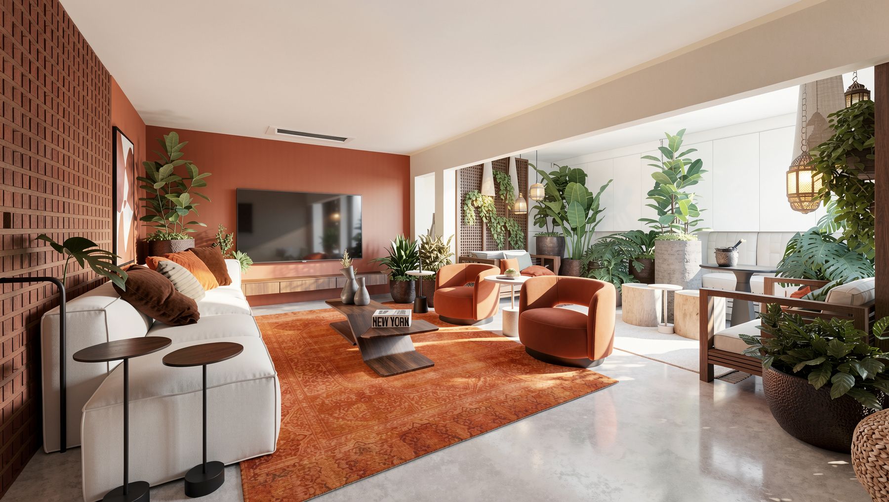 Sala habitada com parede de tijolo, tapete de fibra e vegetação em hierarquia de texturas.