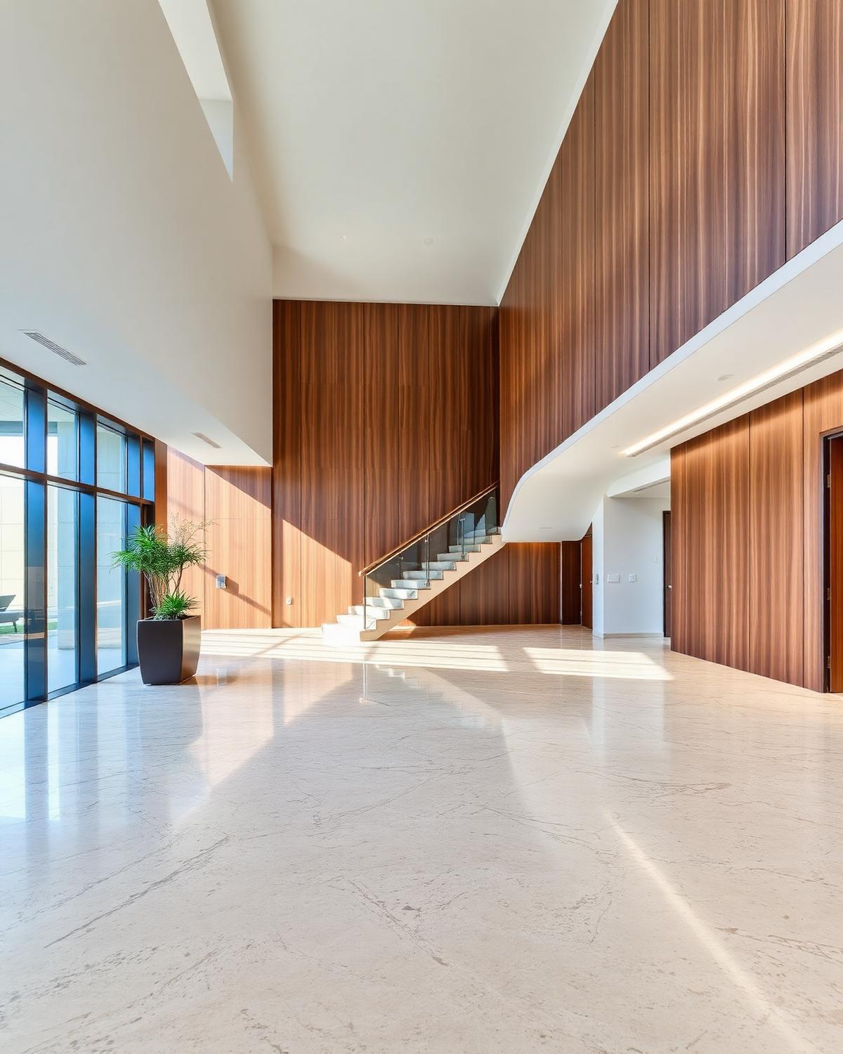 Lobby corporativo em travertino e nogueira